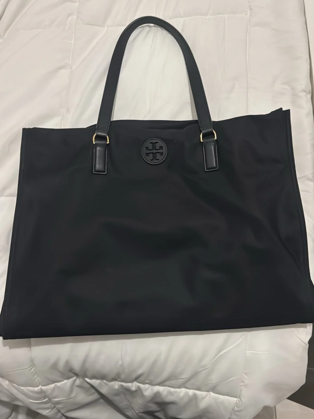 Tory Burch Black Nylon Logo Tote with Leather Handles